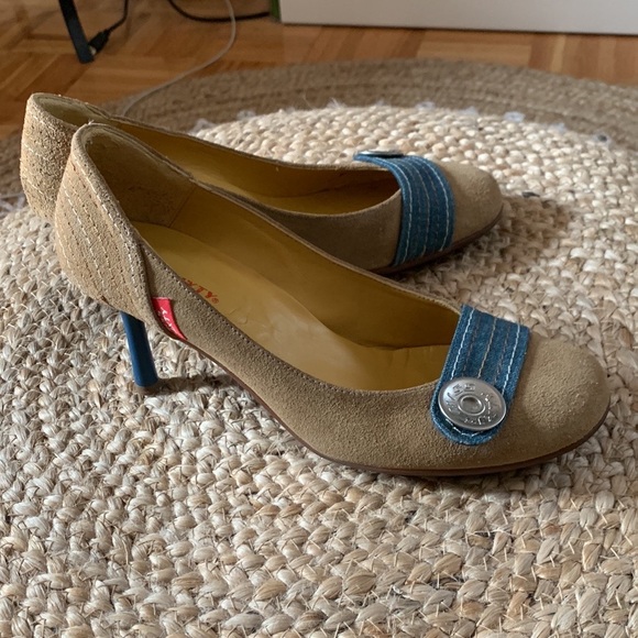 Miss Sixty mint condition tan suede heels w/ denim & stitching detailing size 37 - Picture 1 of 10